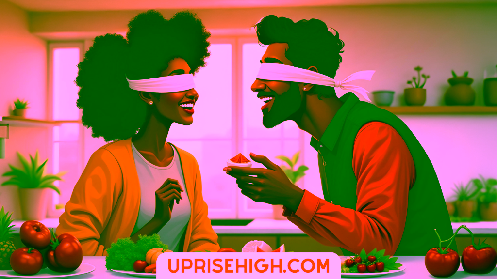 An illustration of a blindfolded couple tasting fresh fruits and vegetables in a sunny kitchen, the woman wearing a yellow cardigan and the man in orange and green layers, with tomatoes, berries and other produce arranged on the counter.