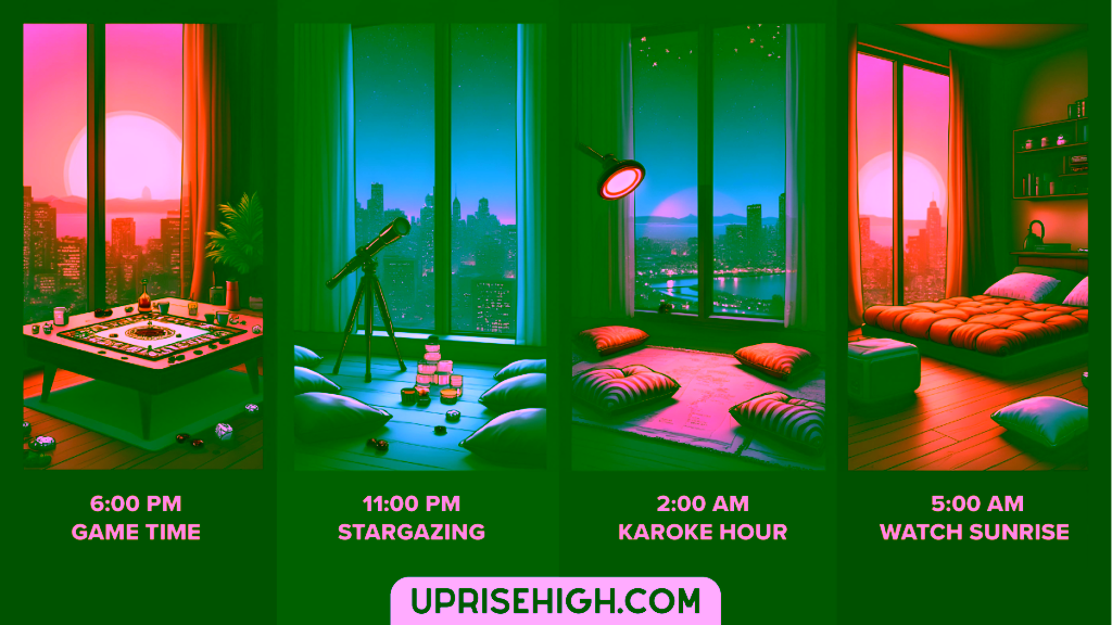 An illustration series showing four nighttime activities in a high-rise apartment with city views: playing board games at 6 PM, telescope stargazing at 11 PM, karaoke with floor cushions at 2 AM, and watching the sunrise at 5 AM.