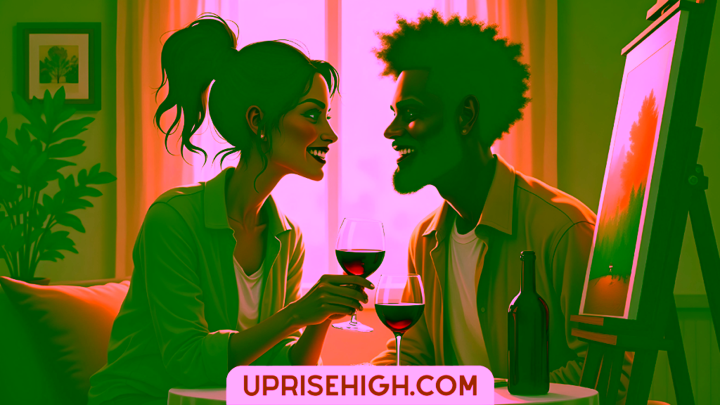An illustration of a couple sharing wine and intimate conversation in warm evening light, with an art easel nearby displaying a landscape painting, suggesting an at-home paint and sip date night.