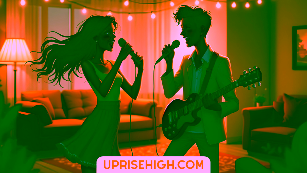 An illustration of a couple performing karaoke in their living room, with one playing electric guitar and both singing into microphones, surrounded by string lights and an orange couch in warm evening lighting.