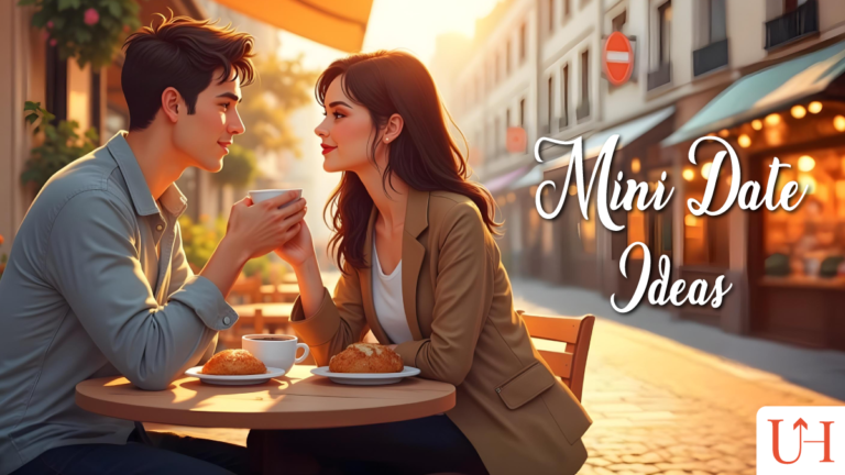 An illustration of a couple having coffee and pastries at a sidewalk café table during golden hour, with the man in a blue shirt and woman in a tan blazer leaning in close, text reading 'Mini Date Ideas' in script, set against a European-style street with warm lighting.