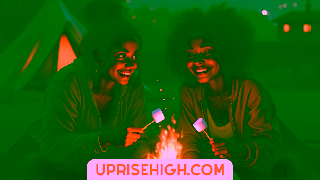 Two women roasting marshmallows over a campfire at night, with warm firelight illuminating their smiling faces and a glowing tent in the background.