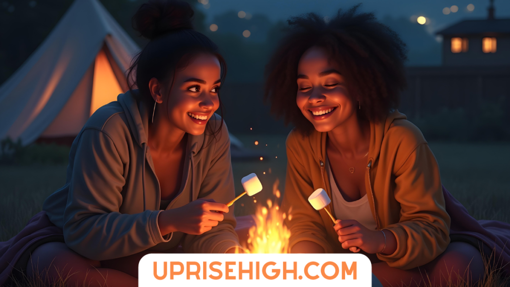 Two women roasting marshmallows over a campfire at night, with warm firelight illuminating their smiling faces and a glowing tent in the background.