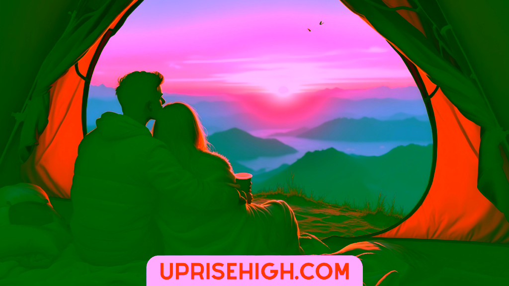 Illustration of a couple embracing inside a tent, viewing a sunrise or sunset over mountain peaks and fog-filled valleys