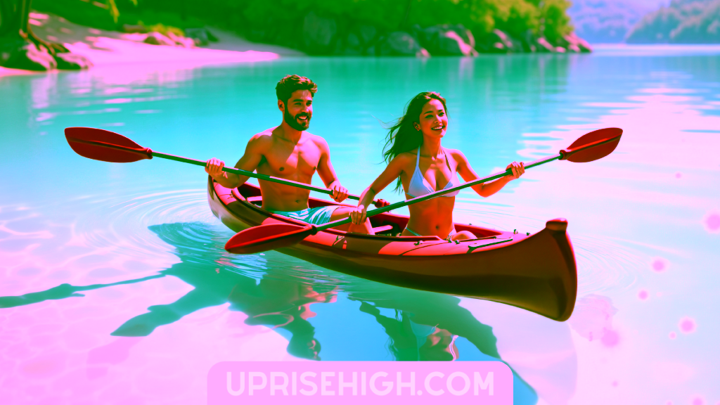 A young couple paddling in a bright red kayak on crystal-clear turquoise waters with a tropical shoreline in the background