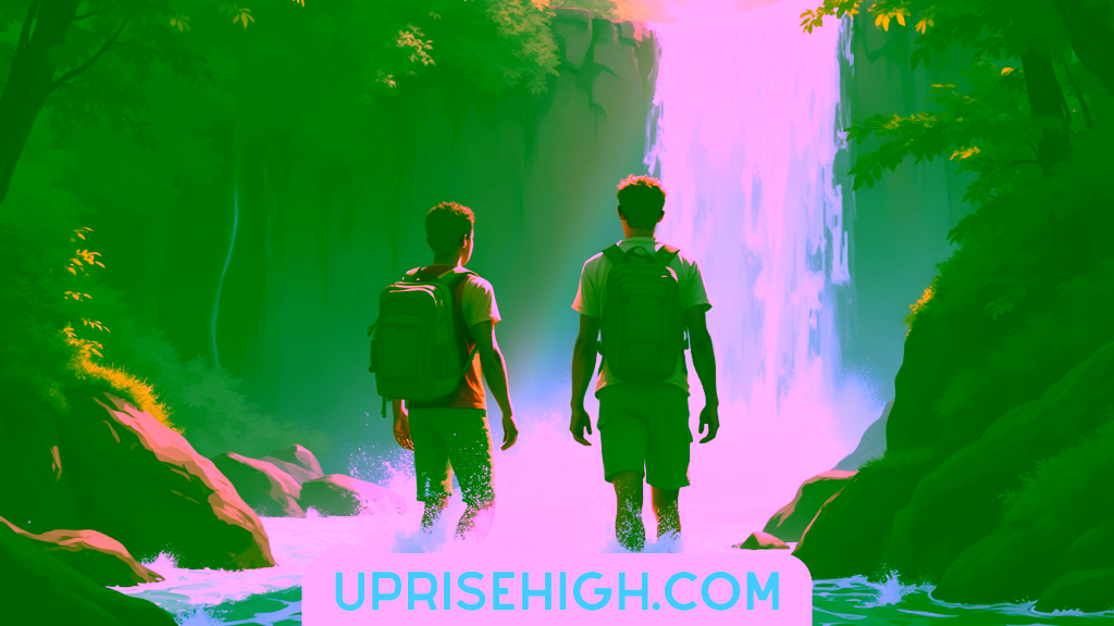 Digital illustration of two hikers with backpacks wading through shallow water toward a majestic waterfall in a lush forest setting, with "UPRISEHIGH.COM" displayed at the bottom.