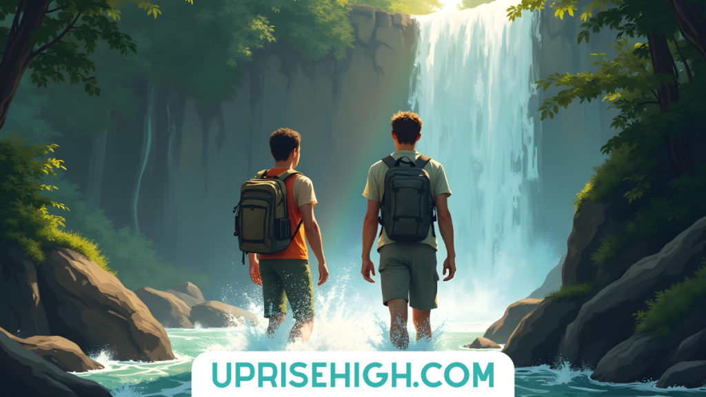 Digital illustration of two hikers with backpacks wading through shallow water toward a majestic waterfall in a lush forest setting, with "UPRISEHIGH.COM" displayed at the bottom.