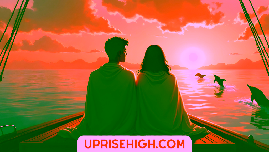 Illustration of a couple wrapped in blankets sitting on the bow of a wooden boat, watching dolphins swim alongside them at sunset with orange and gold clouds