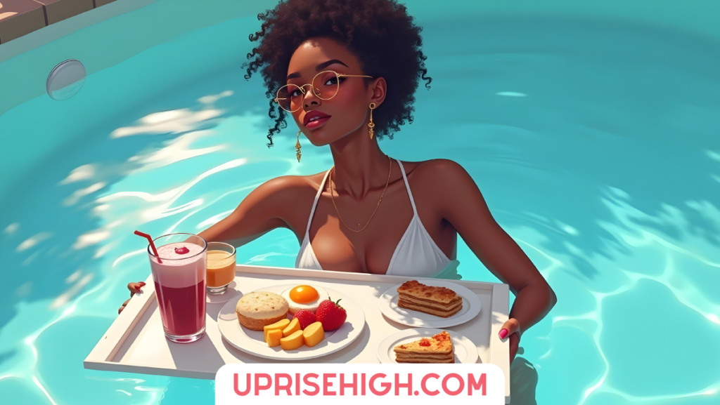 31 Addictive Summer Bucket List Ideas (You've Been Warned) 6 A woman with natural curly hair, round glasses and gold earrings enjoying breakfast on a floating tray in a swimming pool, wearing a white swimsuit while surrounded by turquoise water.