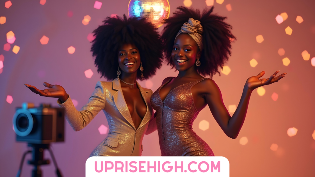 Two women with natural afro hairstyles in glamorous sparkly outfits pose with welcoming gestures against a backdrop of colorful bokeh lights and a disco ball, with "UPRISEHIGH.COM" displayed at the bottom.