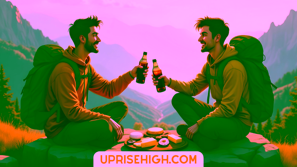 An illustration of two men in matching yellow hoodies and hiking backpacks toasting beer bottles while sitting on rocks, with a charcuterie board between them and a mountain valley landscape in the background.