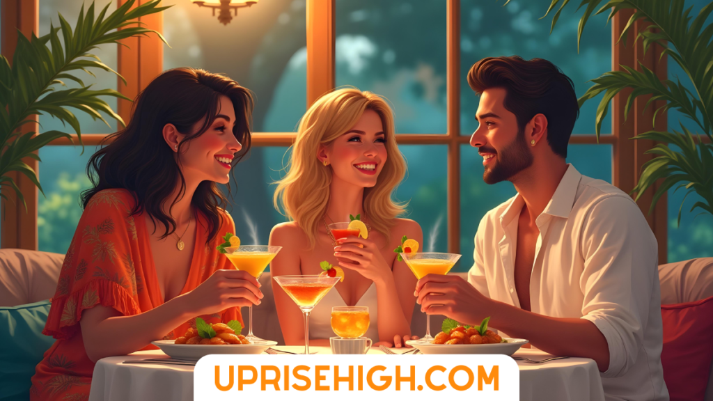 Illustration of three elegantly dressed people enjoying cocktails and appetizers at a luxurious restaurant table with large windows and tropical plants, with "UPRISEHIGH.COM" displayed at the bottom.