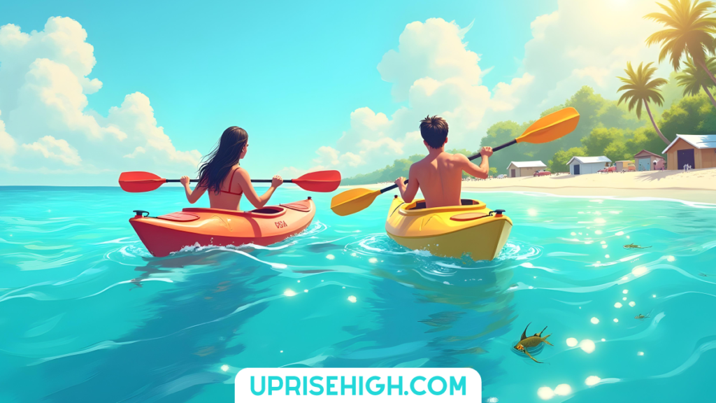 27 Summer Date Ideas That Feel Expensive (But Aren't) 2 An illustration of a couple kayaking in turquoise waters, seen from behind in red and yellow kayaks with matching paddles, approaching a tropical beach with palm trees and small beach cabins under a clear blue sky.