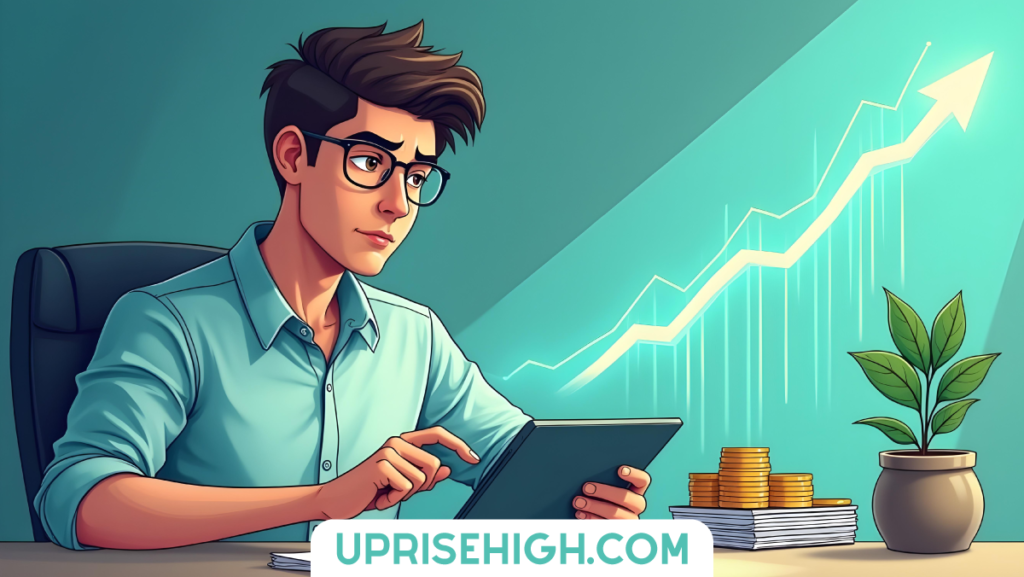 30 Things I'm Attempting Before 30 (Wish Me Luck!) 9 An illustration of a young businessman in glasses and blue shirt using a tablet while seated at a desk with stacks of coins and a plant, with an upward trending graph displayed in the background.