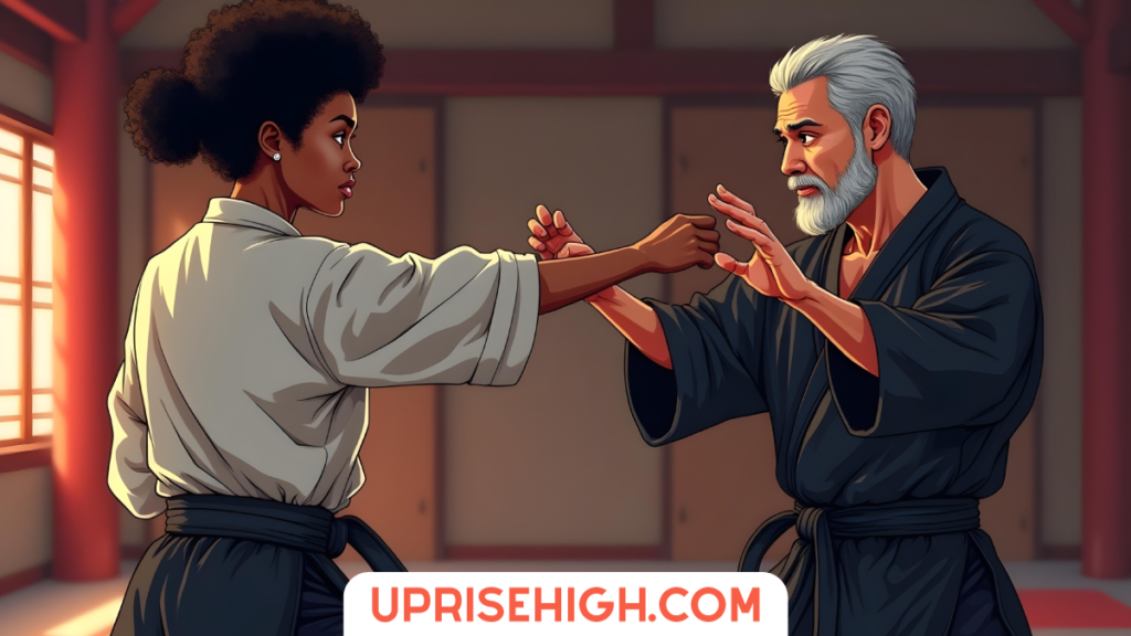 30 Things I'm Attempting Before 30 (Wish Me Luck!) 7 An illustration of a martial arts training scene with a young woman student in white gi practicing arm techniques with an older bearded master in a black robe in a traditional Asian dojo with red pillars and natural lighting.
