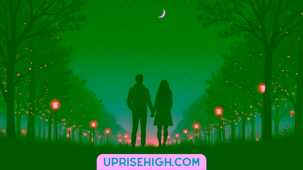 A silhouetted couple holding hands on a tree-lined path under a crescent moon and starry night sky, with street lamps and fairy lights illuminating the trees creating a romantic atmosphere.