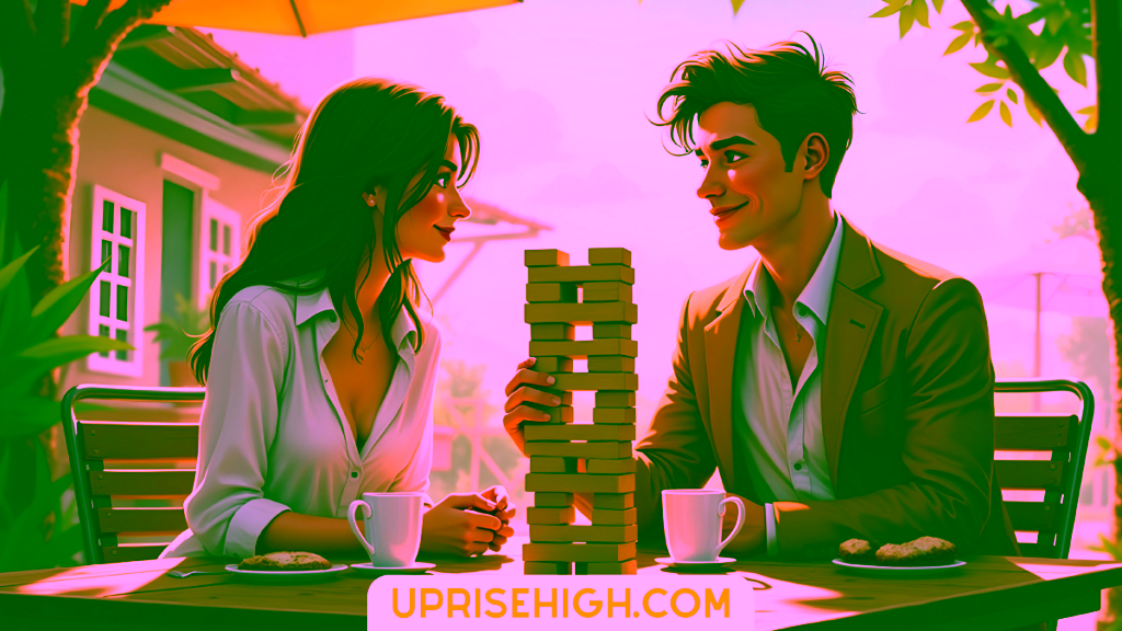 An illustration of a couple playing Jenga at an outdoor café, with coffee cups and cookies on a wooden table, the woman in a white blouse and the man in a tan blazer, set against a sunny patio with plants and umbrellas.