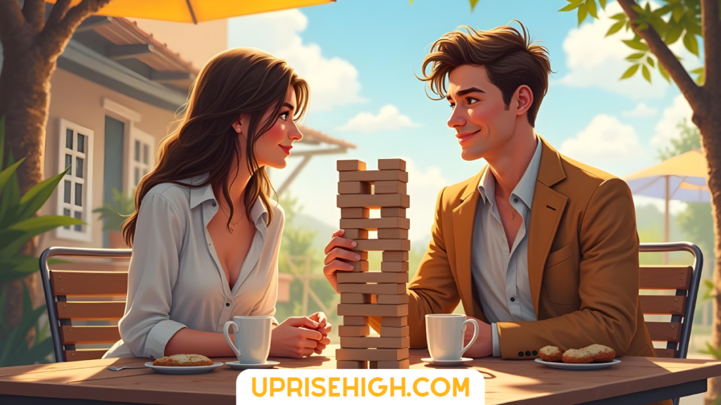 27 Summer Date Ideas That Feel Expensive (But Aren't) 3 An illustration of a couple playing Jenga at an outdoor café, with coffee cups and cookies on a wooden table, the woman in a white blouse and the man in a tan blazer, set against a sunny patio with plants and umbrellas.