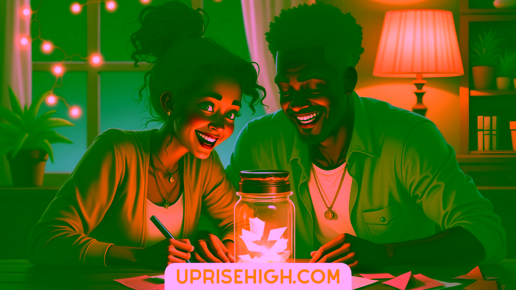 An illustration of a couple smiling at a jar filled with glowing paper notes, with the woman in yellow holding a pen and the man in blue looking on, set in a cozy evening room with warm lamp lighting and string lights by the window.