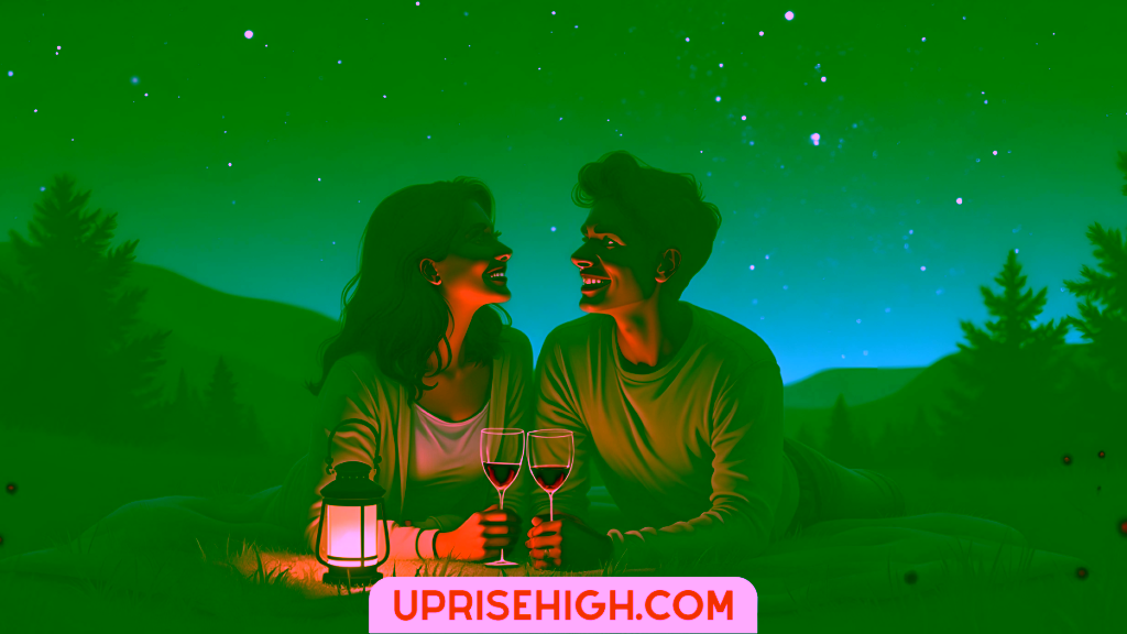 An illustration of a couple lying on a blanket under a starry night sky with mountains in the background, holding wine glasses and illuminated by a small lantern, creating a romantic camping ambiance.