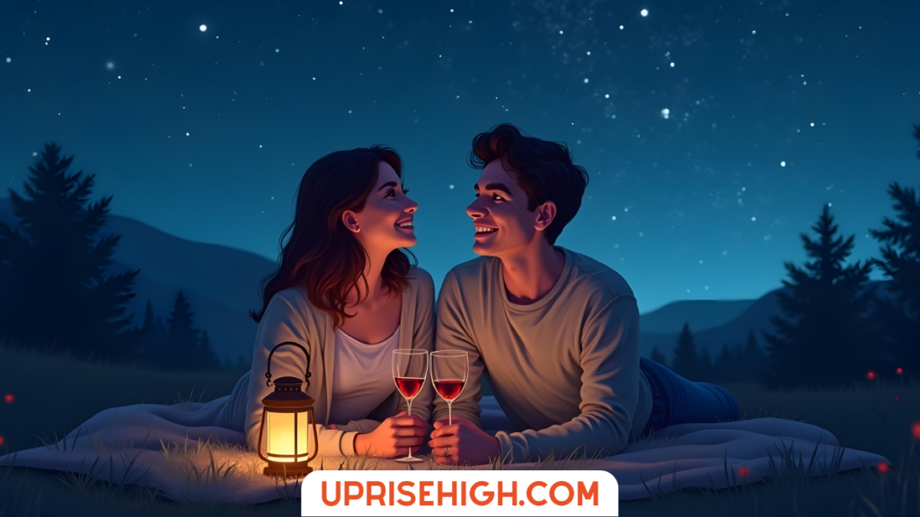 27 Summer Date Ideas That Feel Expensive (But Aren't) 4 An illustration of a couple lying on a blanket under a starry night sky with mountains in the background, holding wine glasses and illuminated by a small lantern, creating a romantic camping ambiance.