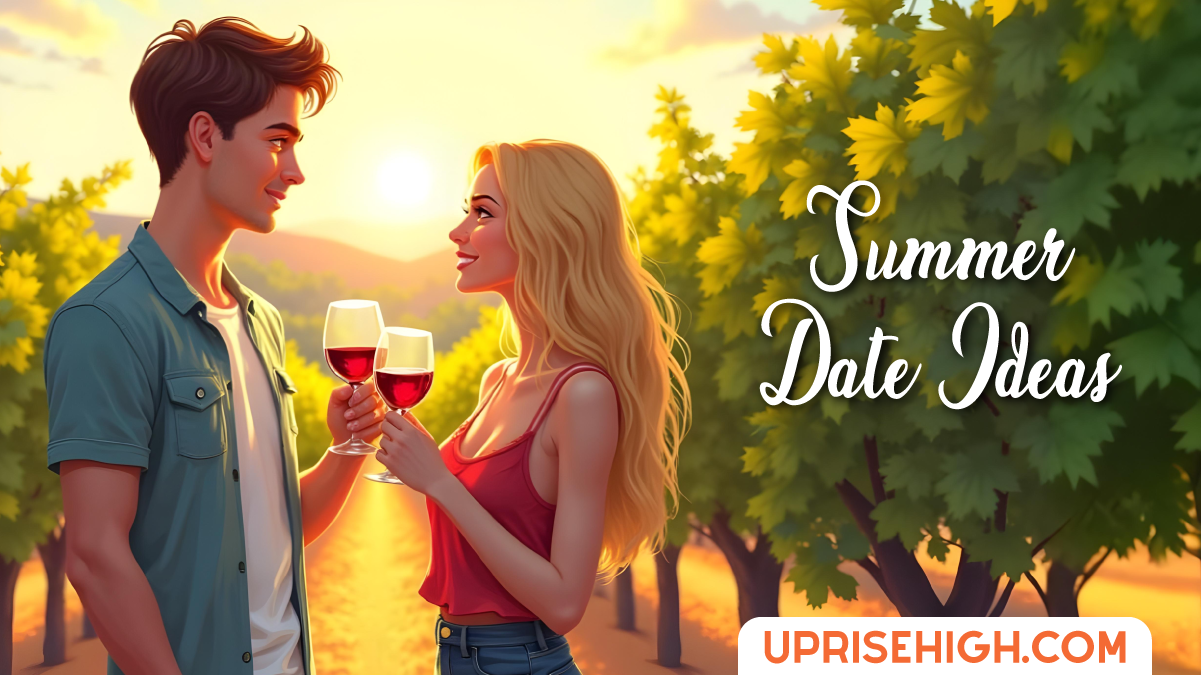 An illustration of a couple wine tasting in a vineyard at sunset, with the woman in a red top and the man in blue, raising glasses to toast with golden sunlight filtering through grape leaves, and text reading 'Summer Date Ideas' in elegant script.