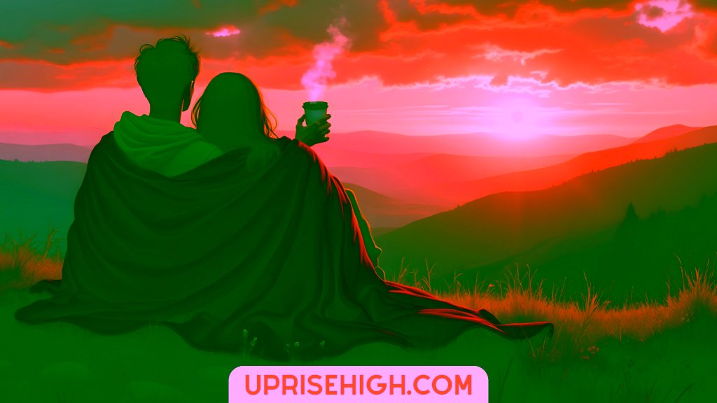 A rear view illustration of a couple wrapped in a red blanket watching a vibrant sunset over mountain ranges, with one person holding a coffee cup while sitting on a grassy hillside.