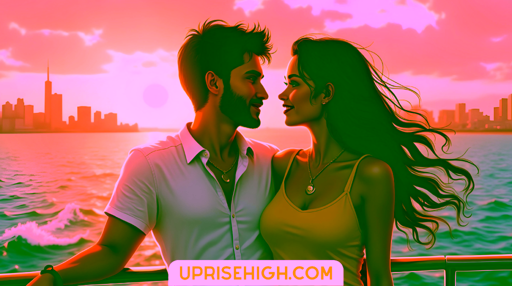 An illustration of a couple on a boat at sunset, with the woman in a yellow dress and man in white shirt looking at each other, against a golden sky and city skyline silhouette reflected on the water.