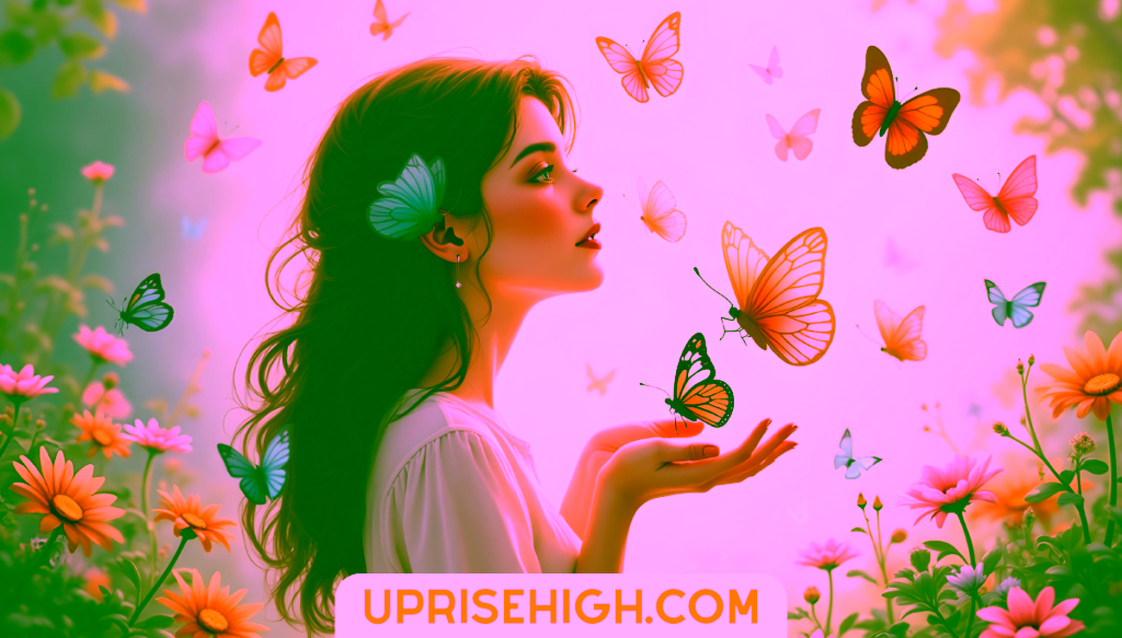 An illustration of a young woman in profile view with a blue butterfly in her hair, surrounded by colorful butterflies and wildflowers, with one monarch butterfly landing on her outstretched palm in golden sunlight.
