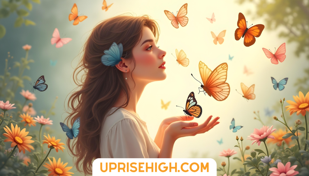 31 Addictive Summer Bucket List Ideas (You've Been Warned) 5 An illustration of a young woman in profile view with a blue butterfly in her hair, surrounded by colorful butterflies and wildflowers, with one monarch butterfly landing on her outstretched palm in golden sunlight.