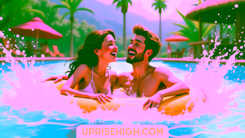 An illustration of a laughing couple in a bright blue swimming pool splash zone, sharing a yellow inner tube float, with palm trees, beach umbrellas and mountains in the background.