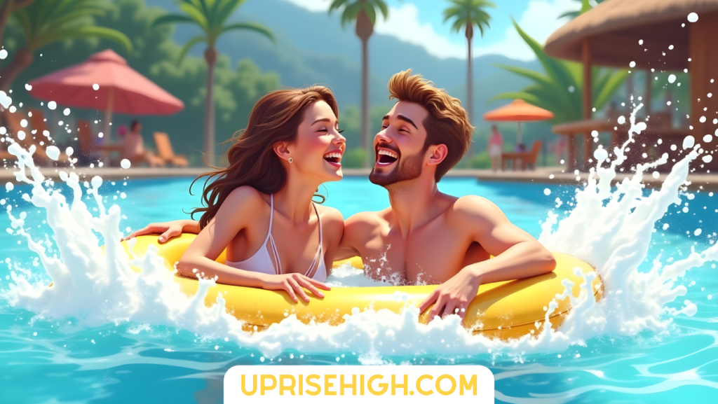 27 Summer Date Ideas That Feel Expensive (But Aren't) 6 An illustration of a laughing couple in a bright blue swimming pool splash zone, sharing a yellow inner tube float, with palm trees, beach umbrellas and mountains in the background.