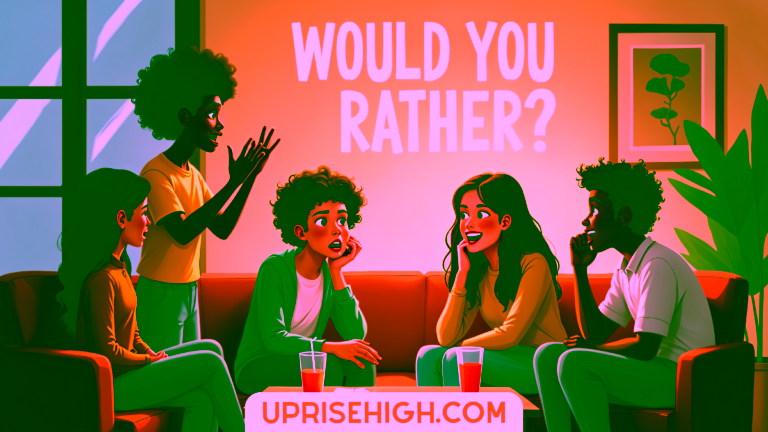 Five diverse young people in a living room playing "Would You Rather?" with text overlay, featuring one person standing while others with various expressions sit on an orange couch