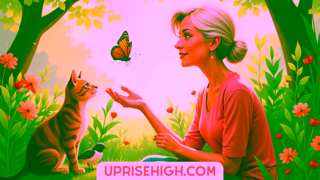 A woman with blonde hair in a pink top in a lush garden setting with a ginger cat, butterfly, and small bird