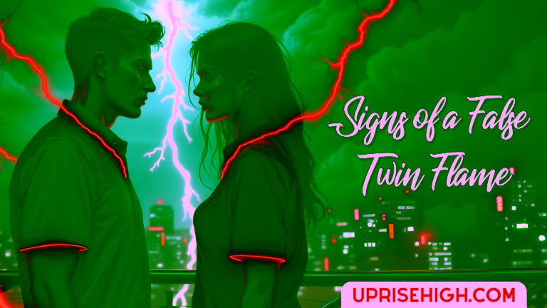 A couple facing each other with intense expressions amid dramatic green lightning and red energy, with text reading "Signs of a False Twin Flame" against a stormy cityscape background
