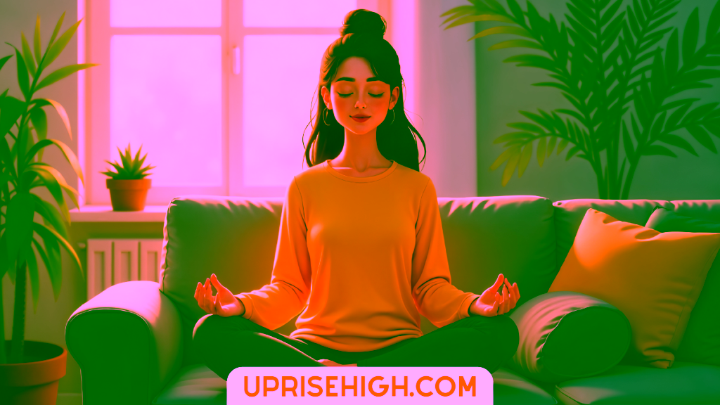 Illustration of a young woman meditating on a blue couch in a sunlit room with houseplants, wearing a yellow top and blue pants