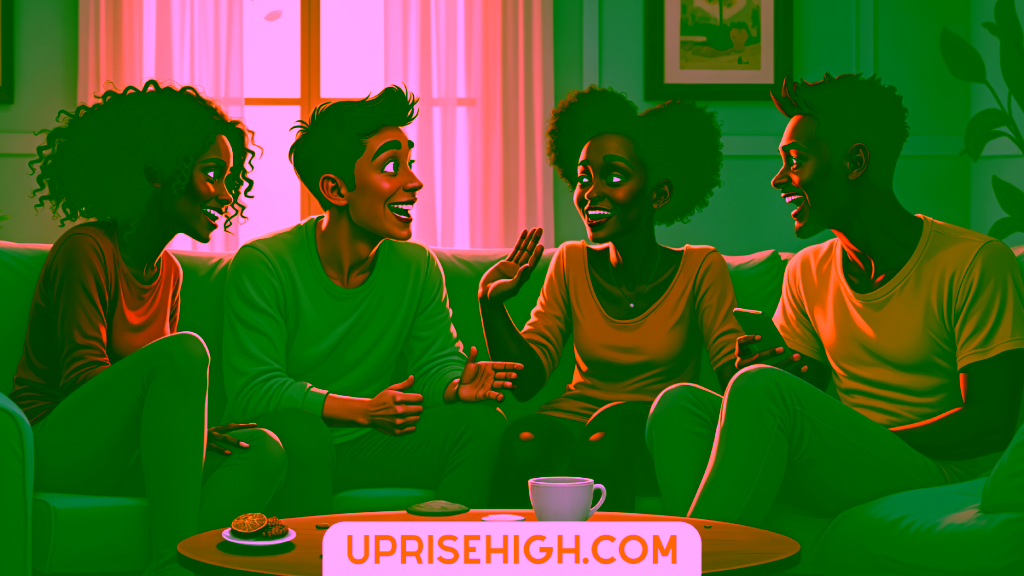 Digital illustration of four diverse friends having an animated conversation on a blue couch in a warm-lit living room.