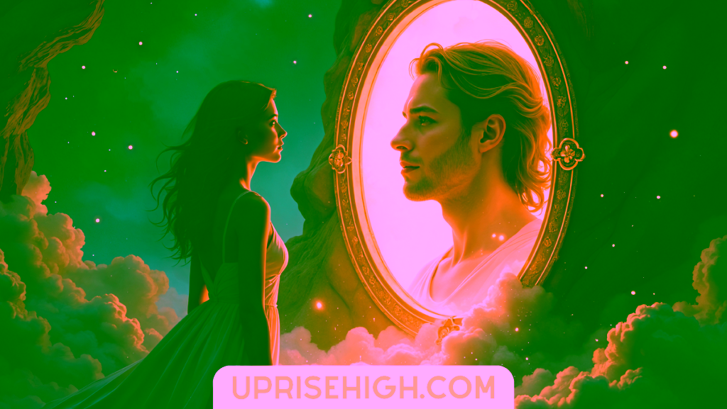 14 Dreams That Might Be Messages From Your Twin Flame 2 A woman in a white dress looking at a mystical mirror portal in a cloudy night sky, where she sees the reflection of a blonde man instead of herself
