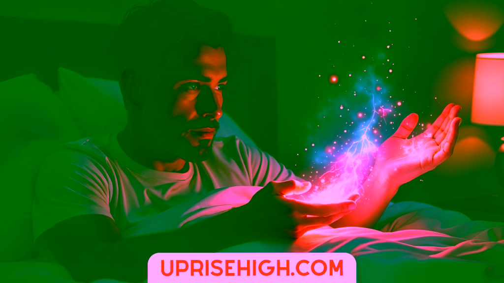 14 Dreams That Might Be Messages From Your Twin Flame 5 A bearded man in bed with colorful cosmic energy emanating from his hands in a dimly lit room