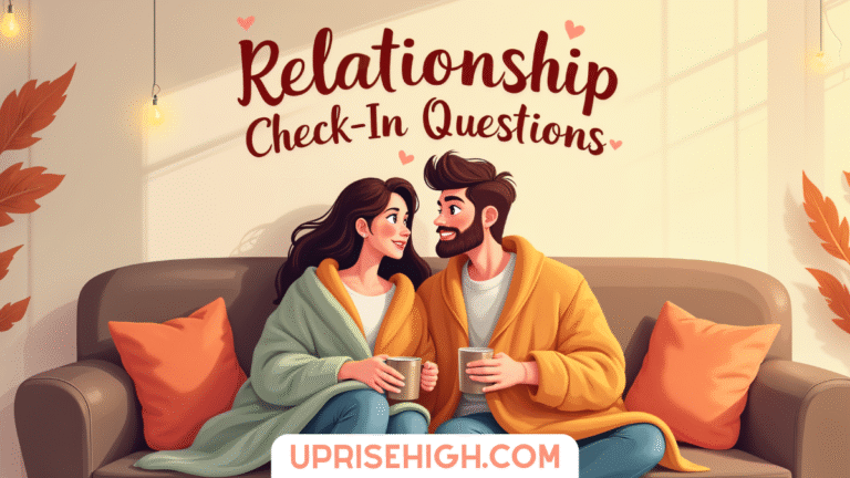 illustration of a couple sharing a cozy moment on a gray couch with orange pillows, both wearing comfortable clothes and holding mugs, with burgundy text reading "Relationship Check-In Questions"