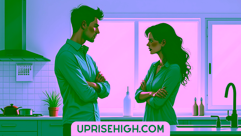 A couple in matching blue outfits standing with arms crossed facing each other in a modern kitchen with white tile backsplash