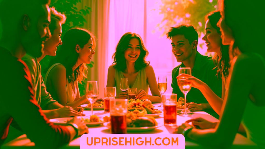 A group of six friends enjoying dinner together at a table with food and drinks, illuminated by warm golden sunlight through a window