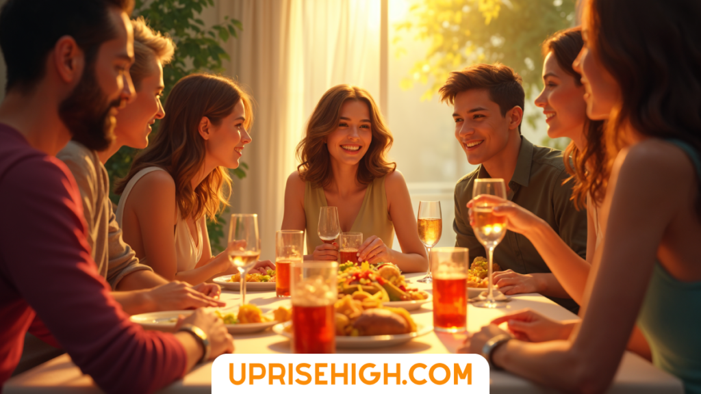 A group of six friends enjoying dinner together at a table with food and drinks, illuminated by warm golden sunlight through a window