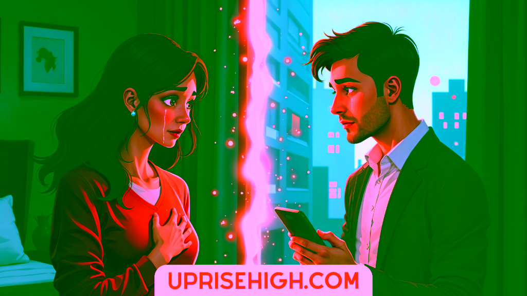 Is Your Twin Flame Reunion Near? Here's How to Know! 4 A teary-eyed woman touching her heart facing a man checking his phone, with a glowing energy barrier between them with city lights visible through a window