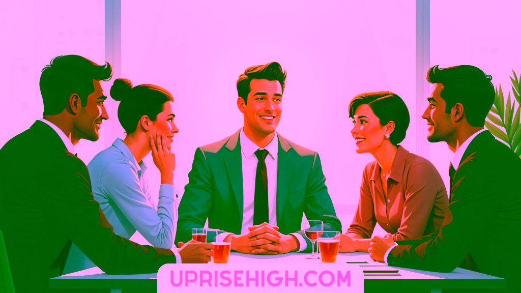 Five professionals in business attire having a meeting or discussion at a table with drinks, in a high-rise office setting with city view windows and warm lighting
