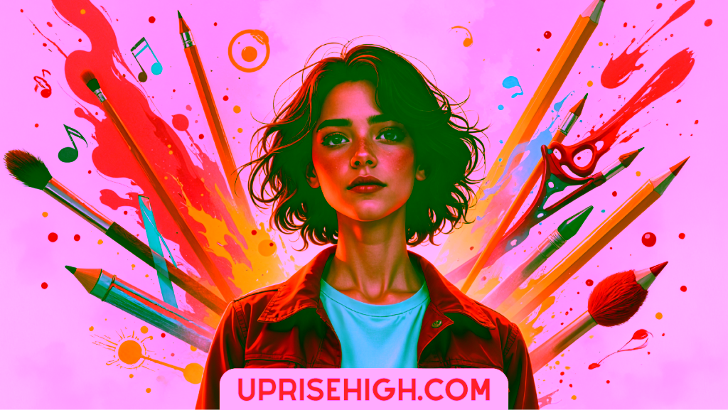 A young woman with short wavy hair in a red jacket against a creative explosion of art supplies, pencils, paintbrushes and colorful paint splashes