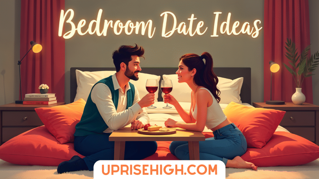 Illustration of a couple enjoying a romantic date on a bed with wine glasses and a small table of food, with neon-style text reading "Bedroom Date Ideas"