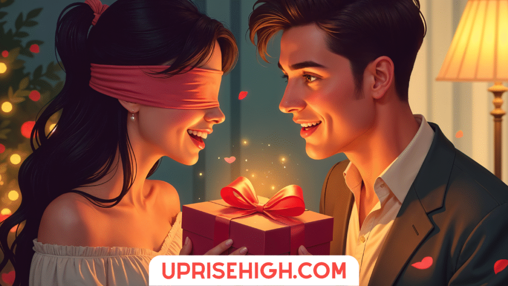 My Honest Bucket List: 31 Things I Wish to Do Before I Die 4 Illustration of a romantic scene with a woman wearing a red blindfold and a man in a suit presenting her with a gift box with red ribbon, with both smiling