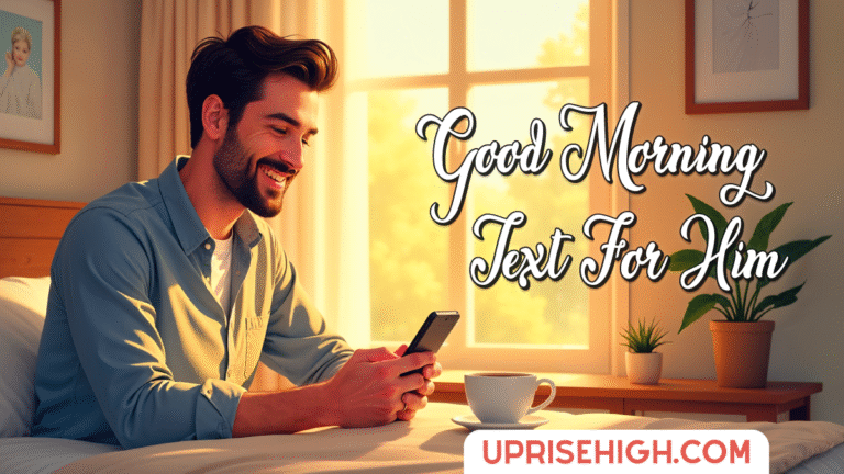 Illustration of a smiling bearded man in a blue shirt looking at his phone in a sunlit bedroom with coffee cup beside him, with "Good Morning Text For Him" in cursive text