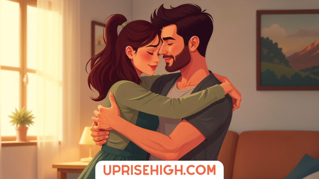 How to Make Your Boyfriend Feel Special (From a Guy's POV) 6 Illustrated couple embracing intimately in a sunlit living room with a bearded man and ponytailed woman in close face-to-face contact